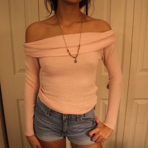 light pink, off the shoulder sweater